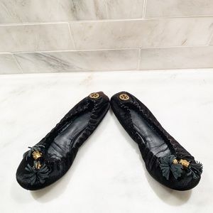 Tory Burch Black Fur Tassel Flats